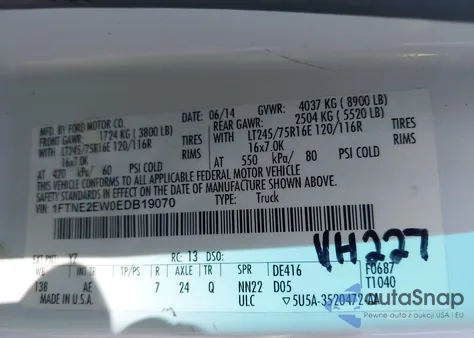 2014 Ford E-250 Commercial from USA, damaged, VIN 1FTNE2EW0EDB19070